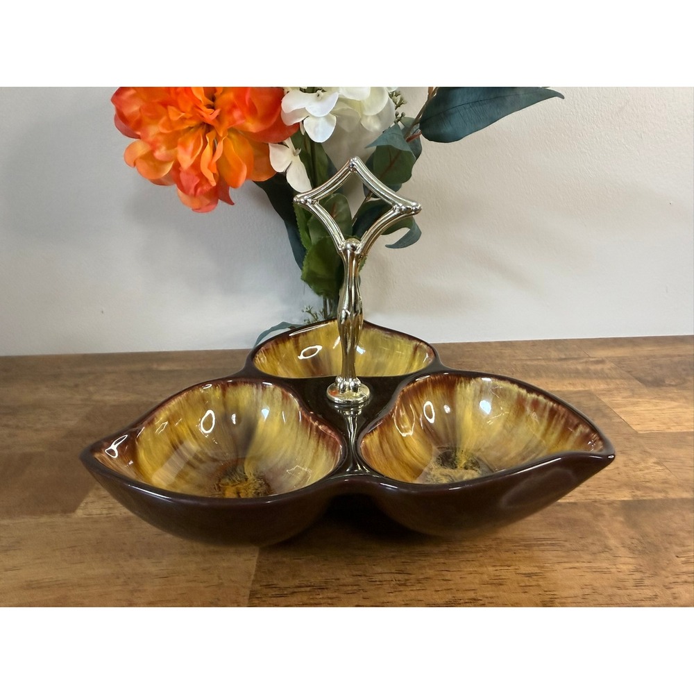 Blue Mountain Pottery Harvest Gold Divided Relish Dish Bowl MCM Serving Tray BMP